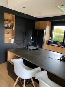 Cuisine Laque Noir Mat - Chêne antique - Plan Dekton Radium